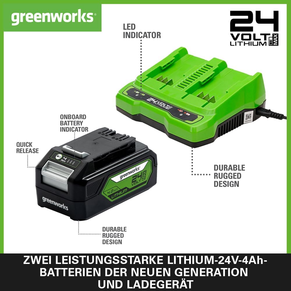 Greenworks 24V Akkus & Doppellader Ladegerät - Zwei 4Ah Batterien, wiederaufladbarer Akku für alle G