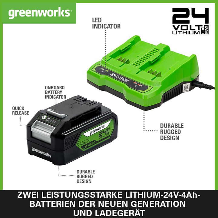 Greenworks 24V Akkus & Doppellader Ladegerät - Zwei 4Ah Batterien, wiederaufladbarer Akku für alle G