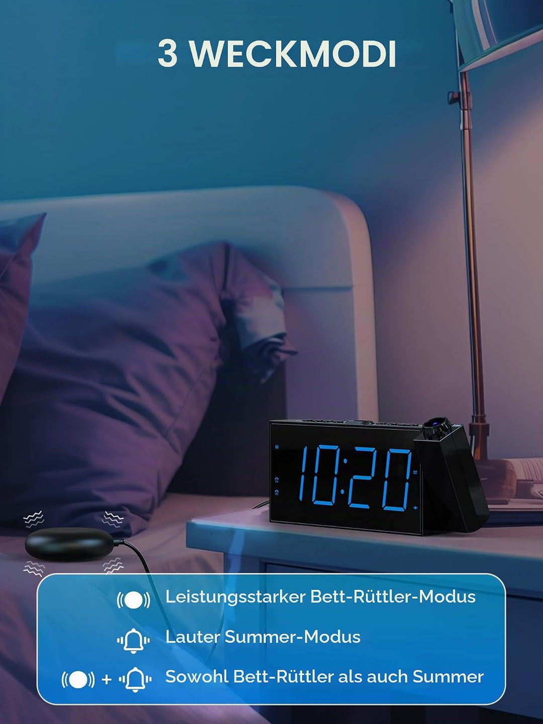 Mesqool Projektionswecker für Schlafzimmer, Lauter Vibrationswecker für Schwerschläfer, Hörgeschädig
