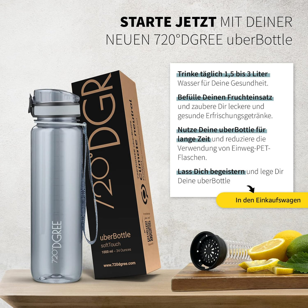 720°DGREE Trinkflasche 1,5l “uberBottle“ +Früchtebehälter - BPA-Frei, Auslaufsicher - Wasserflasche