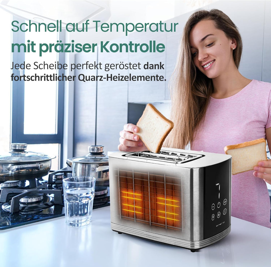 EMERIO Edelstahl Toaster mit grossem Display | 2 Toastschlitze | Zentrierautomatik | Krümelschublade