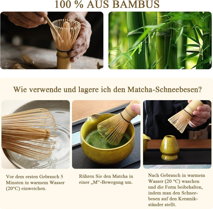 Matcha Set Handgedrehtes Macha Tea Set mit Bambus Matcha Besen, Keramik Matcha Schale, Löffel und Ha