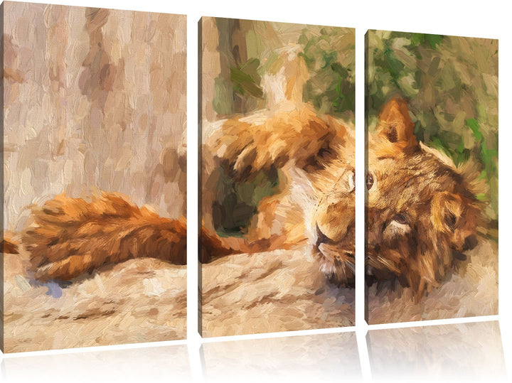 Pixxprint verspielter Kleiner Löwe Kunst / 3-Teilig/Gesamtmass 120cm Leinwandbild bespannt auf Holzr