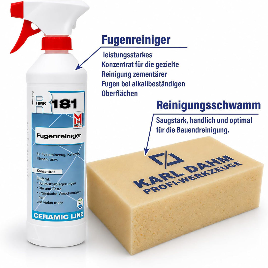 Karl Dahm Moeller Stone Care HMK R181 Fugenreiniger 0,5 l mit Hydroschwamm, alkalisches Reinigungsko