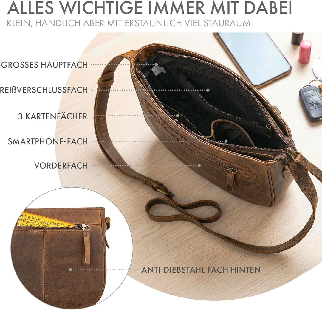 ROYALZ 'Cheyenne' Moderne kleine Umhängetasche Damen Leder Damenhandtaschen Echt-Leder Vintage Schul