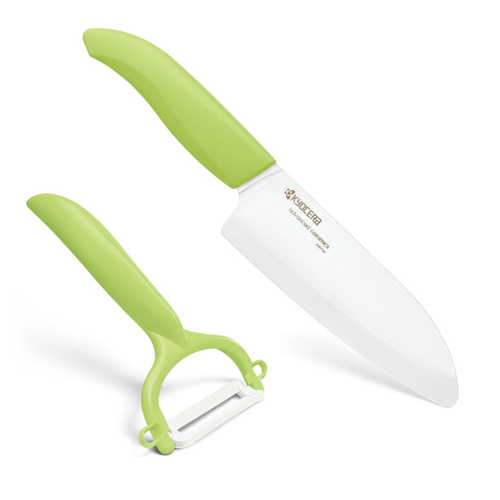 Kyocera Cut&Peel Set, Santokumesser (Klinge: 14 cm) mit Sparschäler, grüner Griff Grün Cut & Peel Se