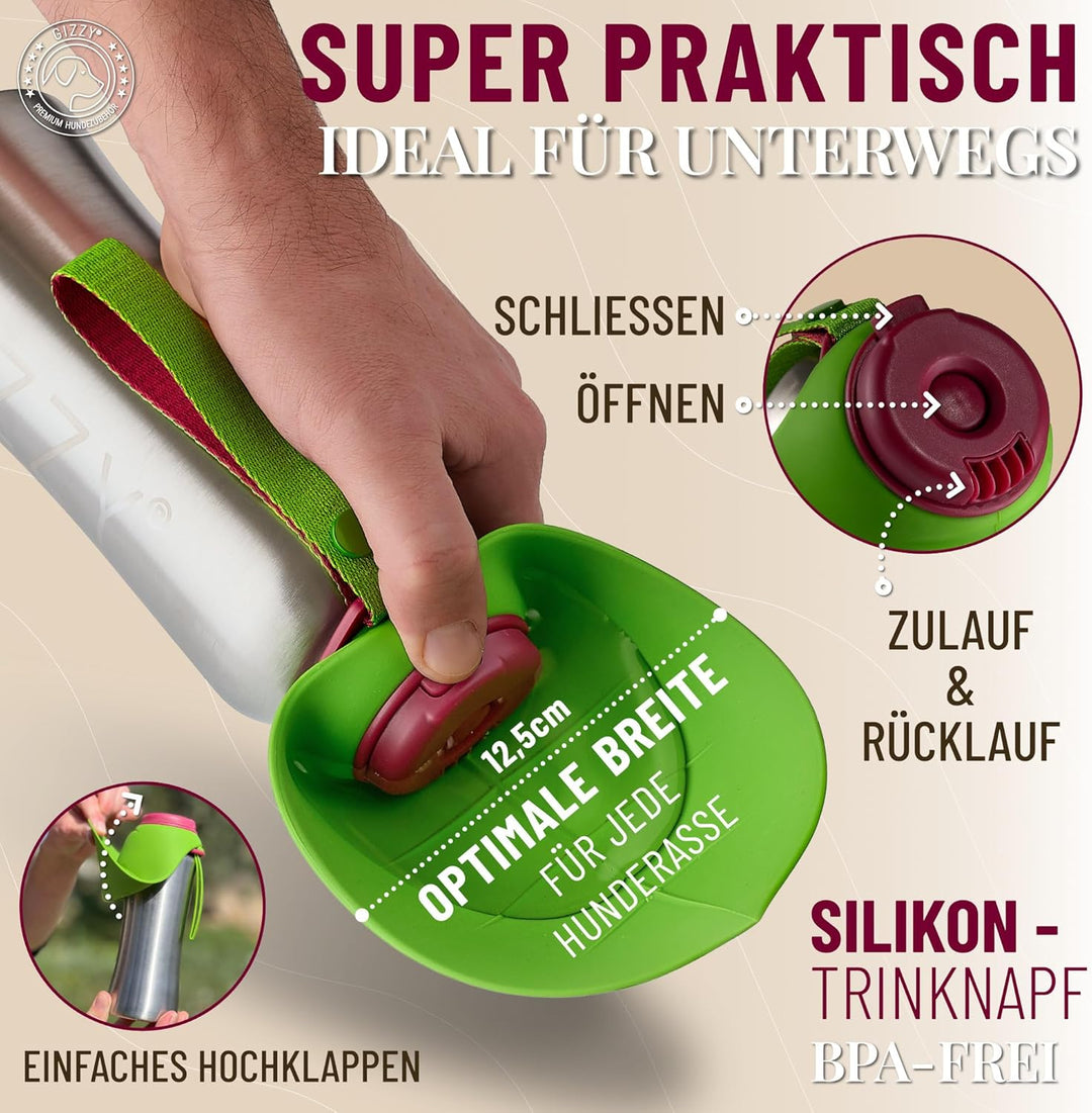 GIZZY® Trinkflasche Hunde für unterwegs - auslaufsicher &amp; robust aus Edelstahl, in 2 Grössen inkl. w