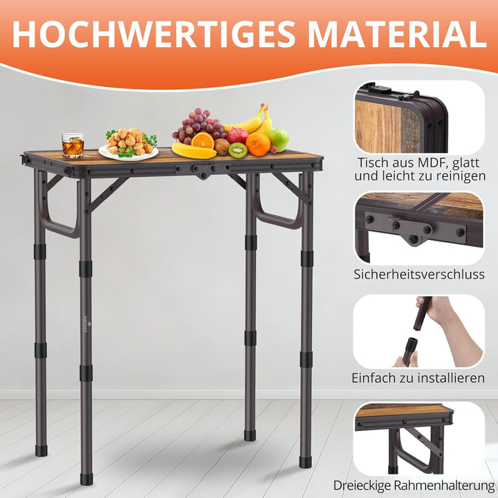 FUNYKICH Campingtisch Klapptisch 58x40cm, Faltbarer Grilltisch mit 3 Höhen Verstellbarer(26/48/70cm)