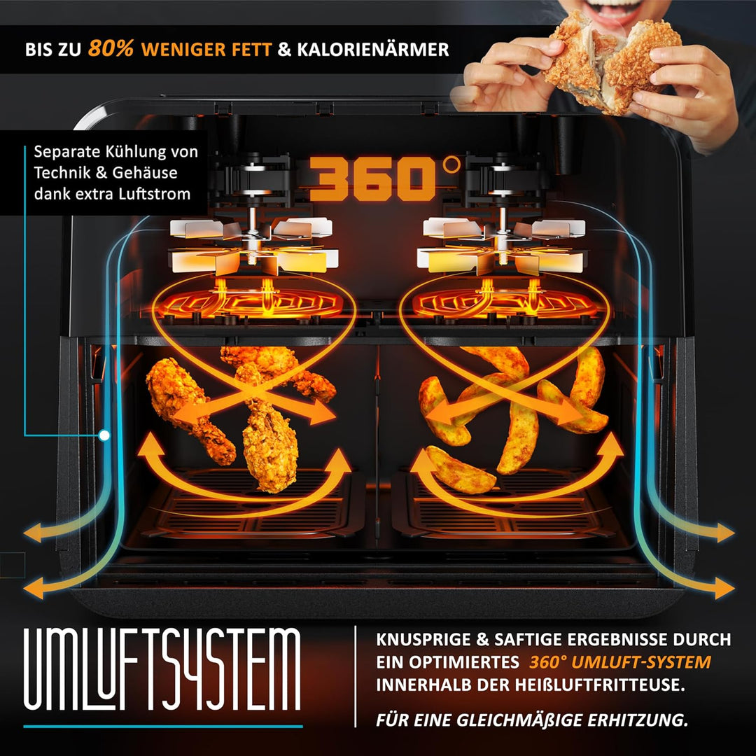 Arendo - Heissluftfritteuse XXL 12 Liter - 2 Kammern / 1 Kammer Match Funktion - extra Gross - Backo