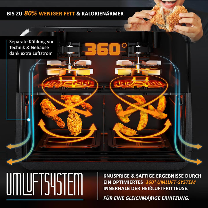 Arendo - Heissluftfritteuse XXL 12 Liter - 2 Kammern / 1 Kammer Match Funktion - extra Gross - Backo