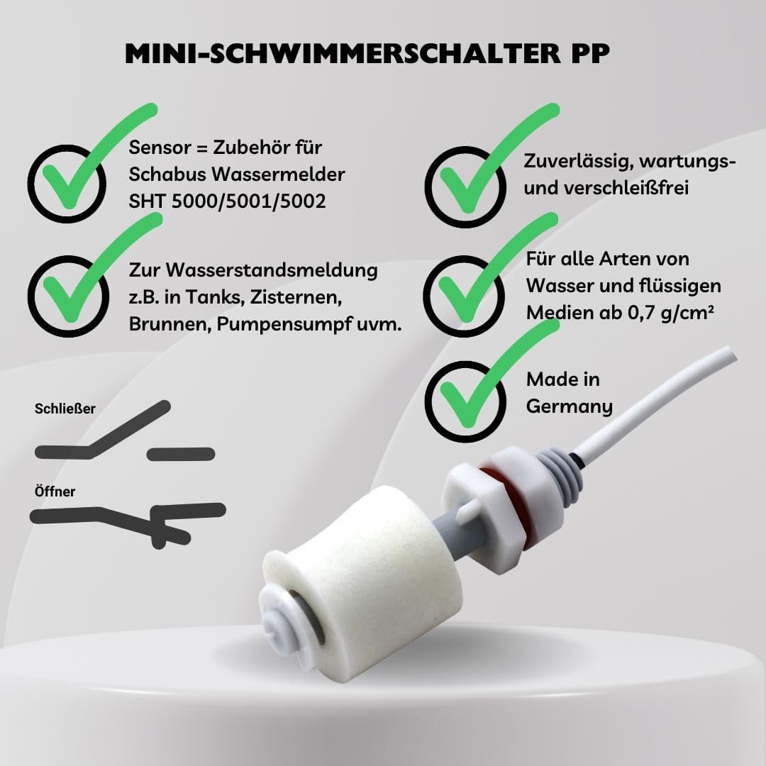Schabus 200940 Mini Schwimmerschalter Kunststoff 2,5 m Kabel, made in Germany, Öffner- oder Schliess