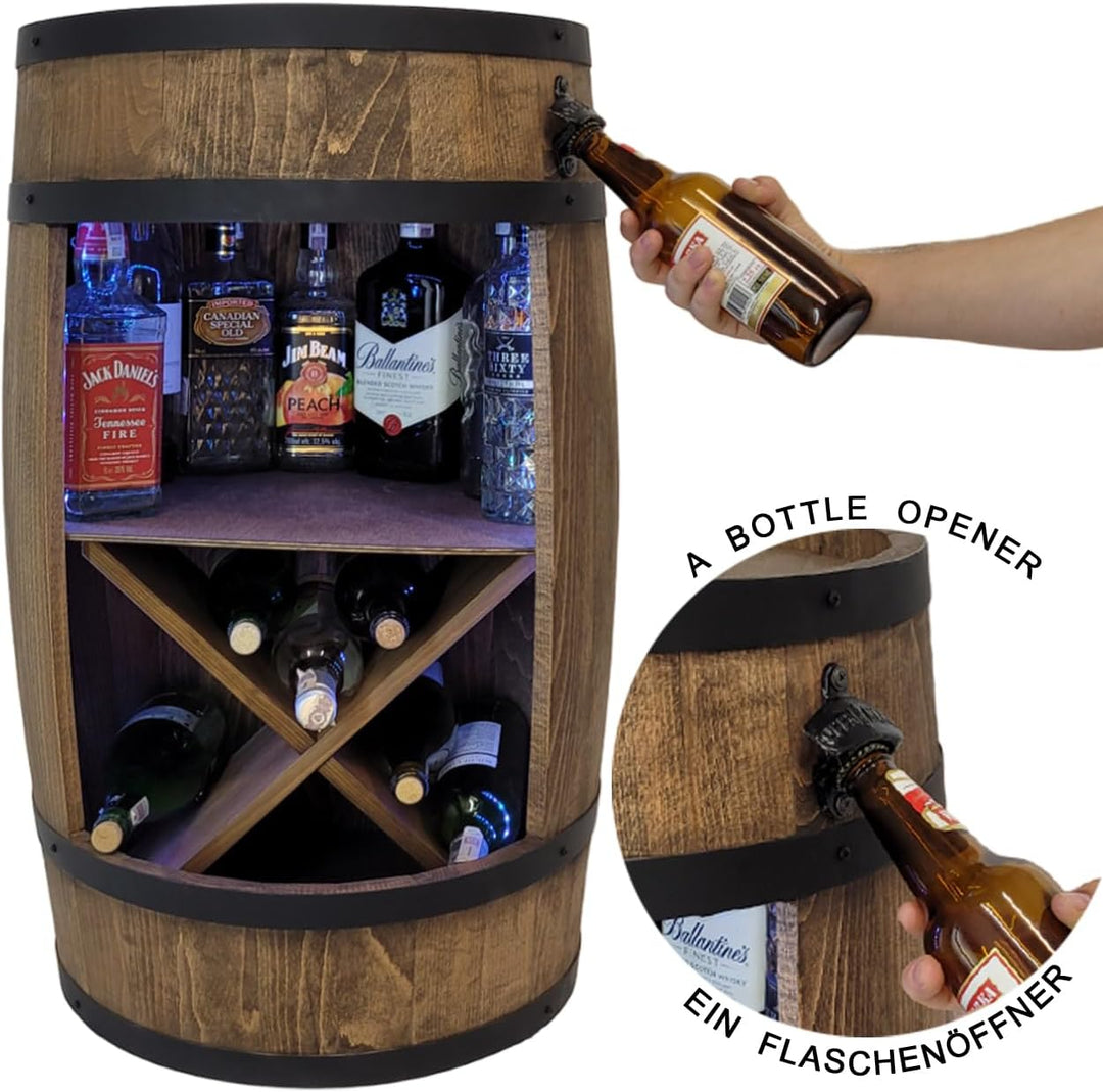 weeco Holzfass mit Flaschenöffner und Weinregal. Fassbar 80cm - Rustikale deko Barschrank - Hausbar