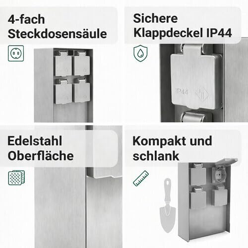 LED Universum Gartensteckdose aus Edelstahl, IP44 für aussen, 23cm (Silber 4-fach), Silber 4-fach