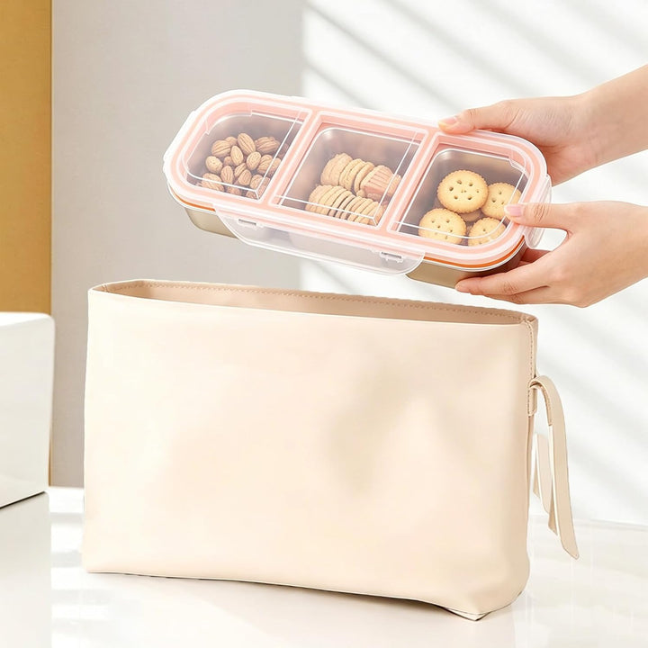 BYZESTY Snackbox mit 3 Fächern, 4er Set Edelstahl Snackbox, Snackbox mit Fächern, Auslaufsicher Snac