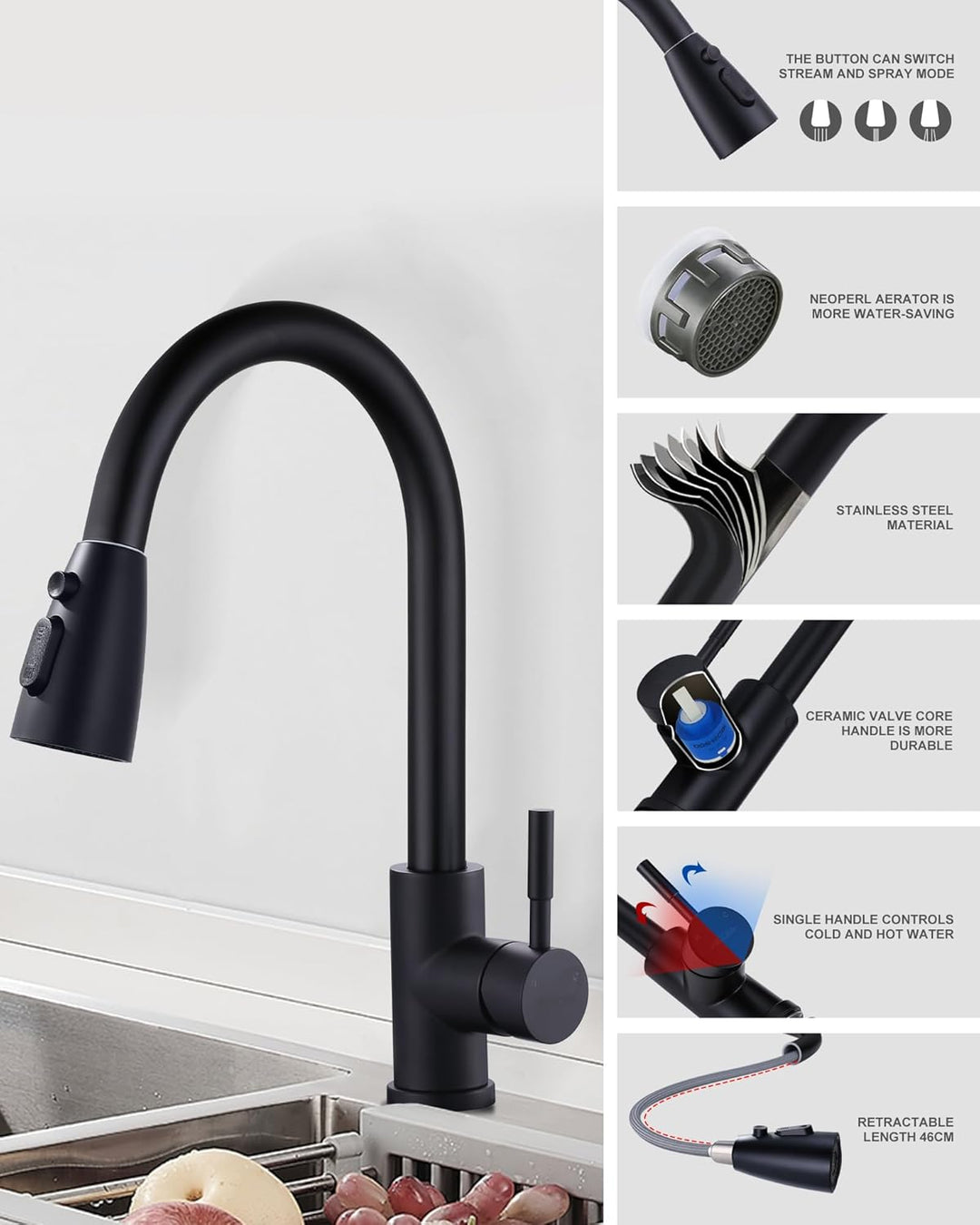 ARCORA Wasserhahn Küche, Hochdruck Küchenarmatur Ausziehbar aus Edelstahl mit M24 Aerator Wasserspar