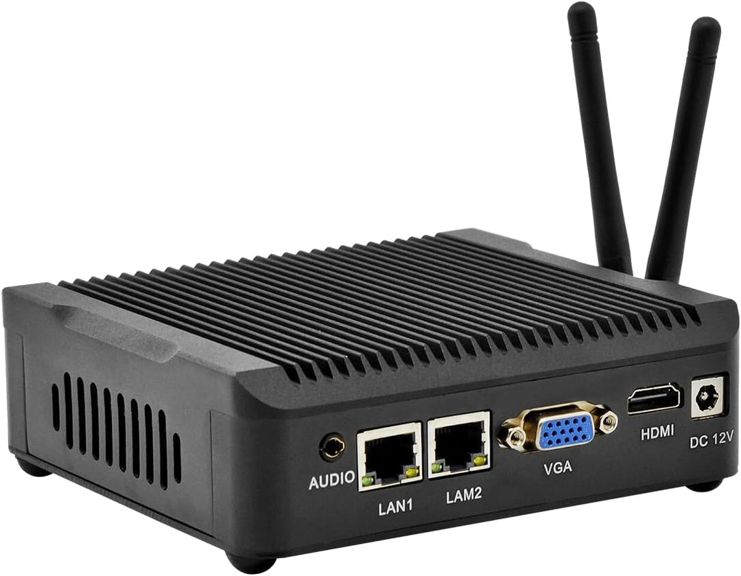 Lüfterloser Industrie Mini PC mit Celeron N2940, 8GB DDR3 RAM, 128GB SSD, Dual LAN, 6 USB, HDMI, VGA