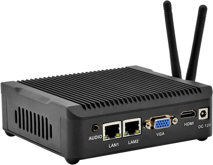Lüfterloser Industrie Mini PC mit Celeron N2940, 8GB DDR3 RAM, 128GB SSD, Dual LAN, 6 USB, HDMI, VGA
