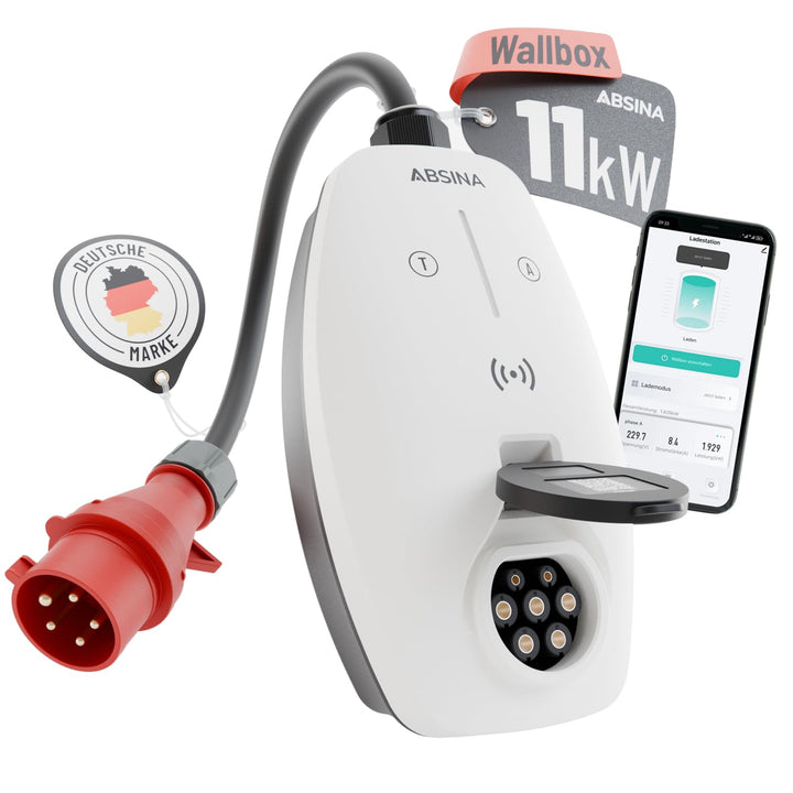 ABSINA Mobile Wallbox 11kW 16A mit App Steuerung - Wallbox mit CEE Stecker, RFID & Einstellbarer Lad