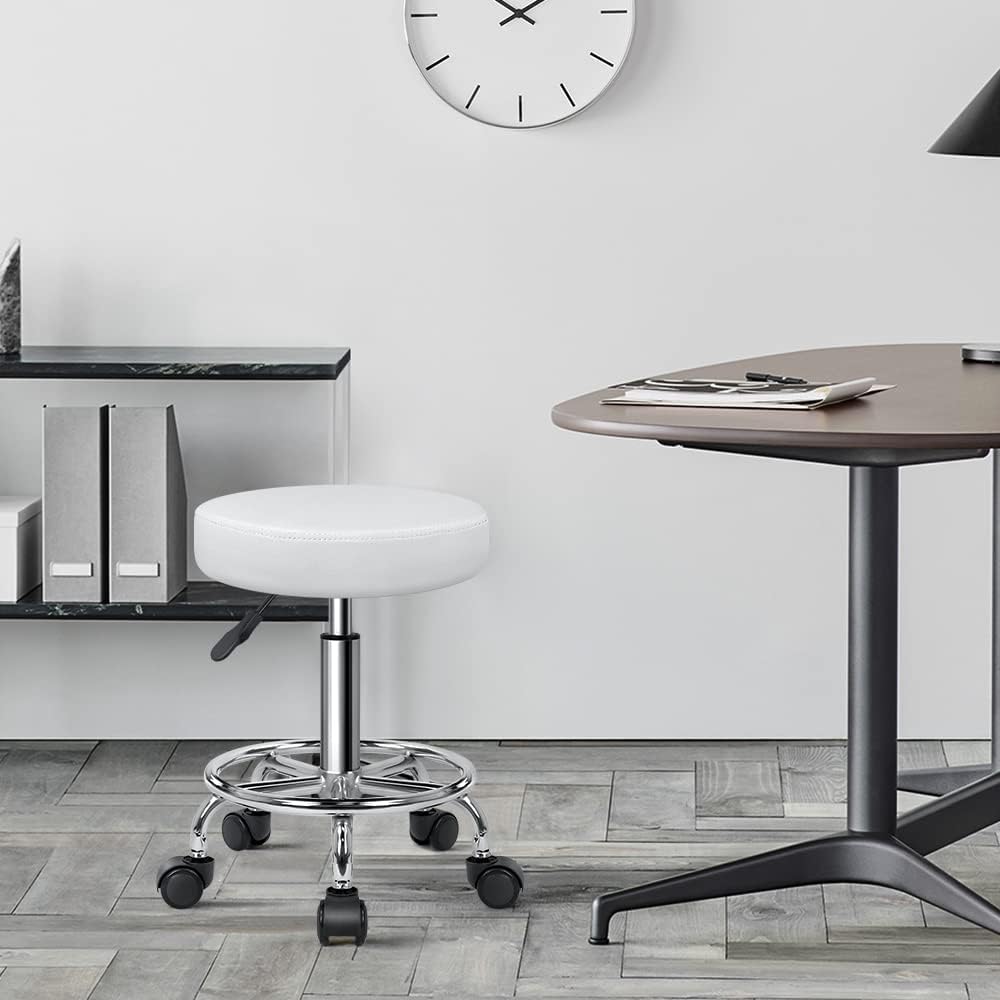 KKTONER Rollhocker höhenverstellbar drehbar Barhocker Arbeitshocker aus Kunstleder Bürohocker Weiss,