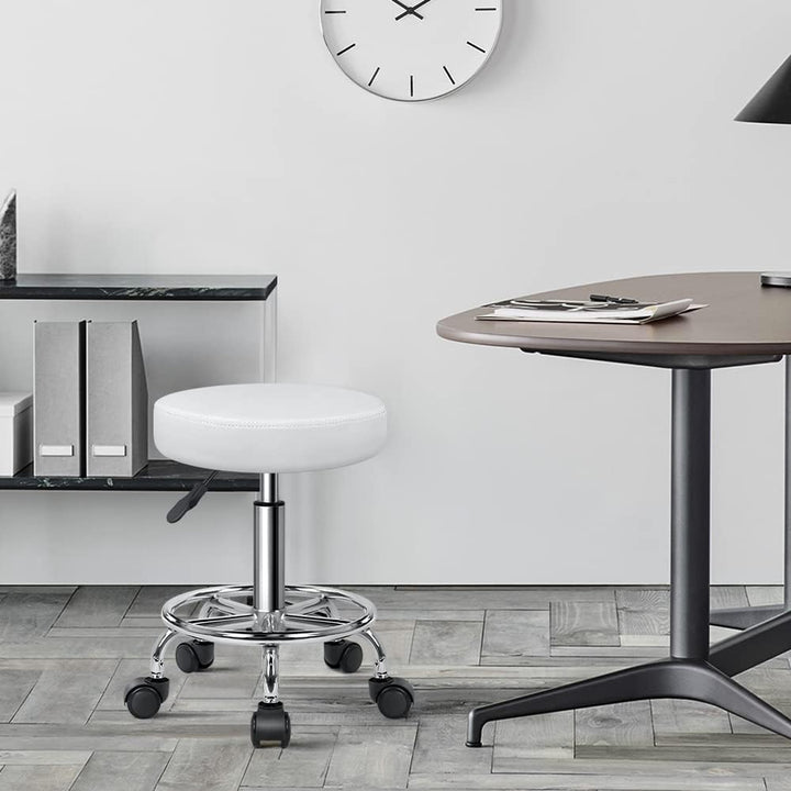 KKTONER Rollhocker höhenverstellbar drehbar Barhocker Arbeitshocker aus Kunstleder Bürohocker Weiss,