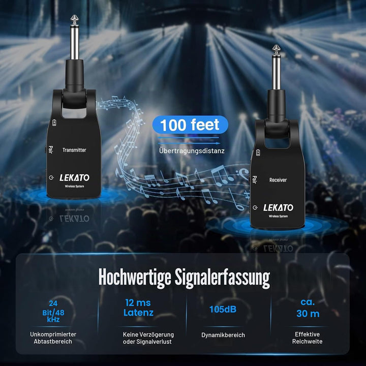 LEKATO 2.4GHz Aufgerüstet Wireless Gitarrensystem E Gitarren Sender mit Kabellos Gitarre Transmitter
