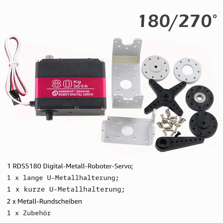 RDS5180 80kg Digitaler Metall-Roboter-Servomotor mit hohem Drehmoment Doppelwellen-Roboter-Servoarm