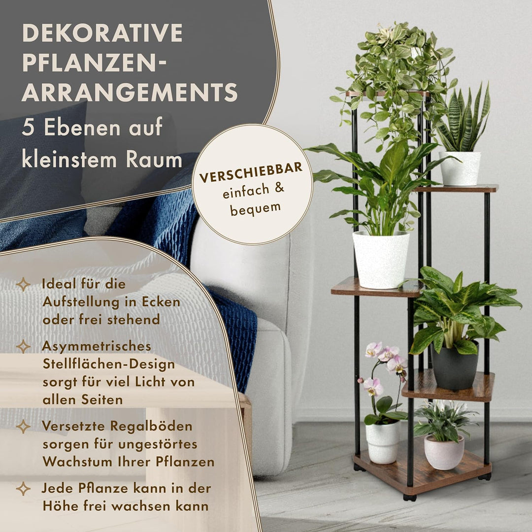 Pflanzenregal TOWER mit Rollen 5 Etagen - Blumenregal 112 cm hoch für Wohnzimmer - Design Pflanzenst