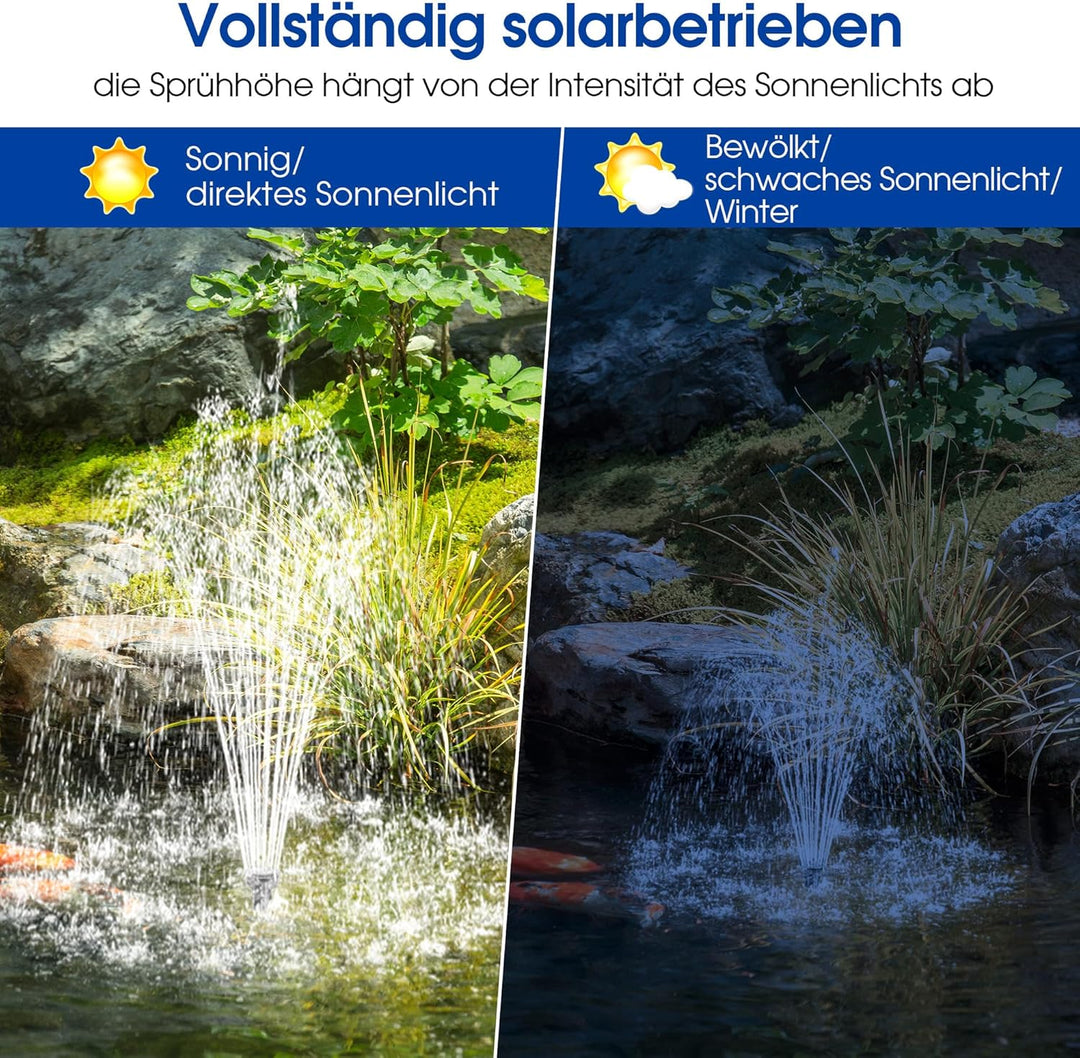 Biling Solar Springbrunnen für Aussen, 12W Solar Teichpumpe 605L/H Leise mit 4 Düsen und Schlauch, S