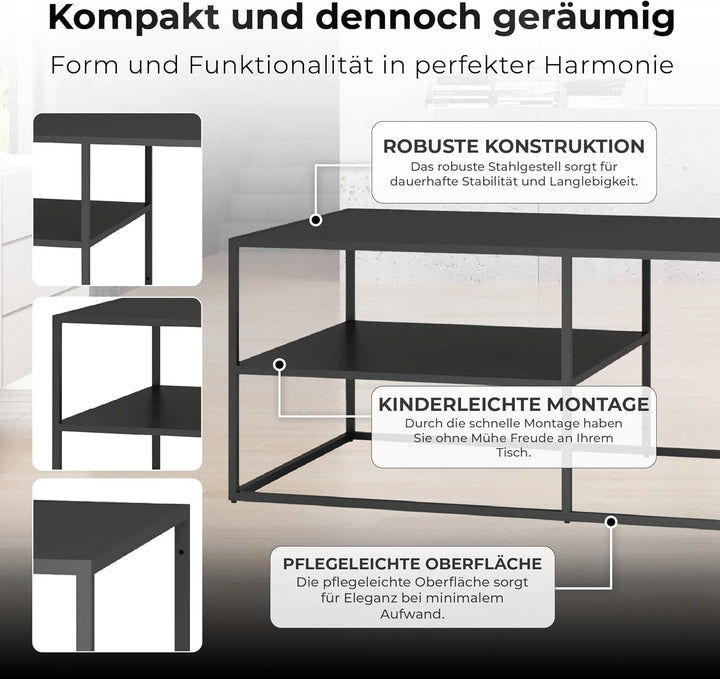 [en.casa] Couchtisch Solund Beistelltisch Metall Schwarz matt Wohnzimmertisch mit Stauraum 45 x 90 x