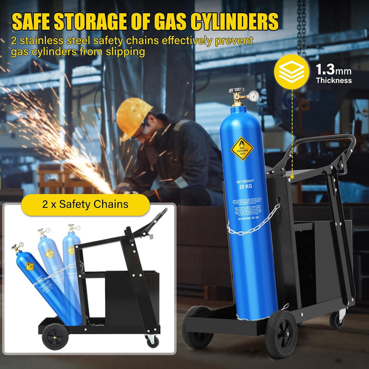 Schweisswagen 2 Ablageflächen mit 4 Schubladen – Max 111 kg, 2 Gasflaschenhalter mit Sicherheitskett