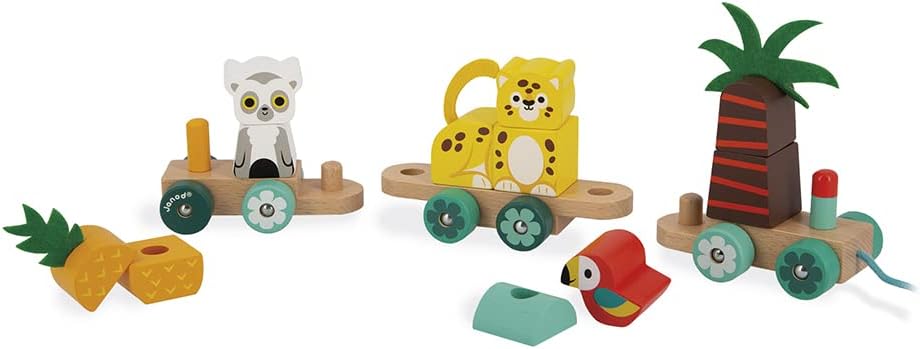 Janod - Tropischer Nachziehzug Tropik - Nachziehspielzeug aus Holz - 11 Teile + 3 Waggons - Lernspie
