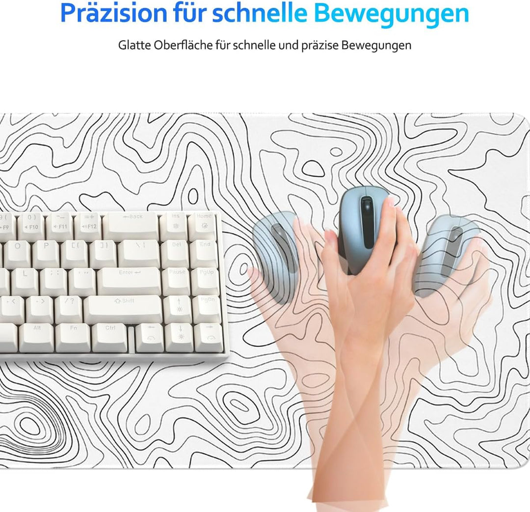 Zindoo XXL Mauspad 900 x 400 mm – Weisses Gaming Mousepad mit Topografischem Linienmuster – Präzise