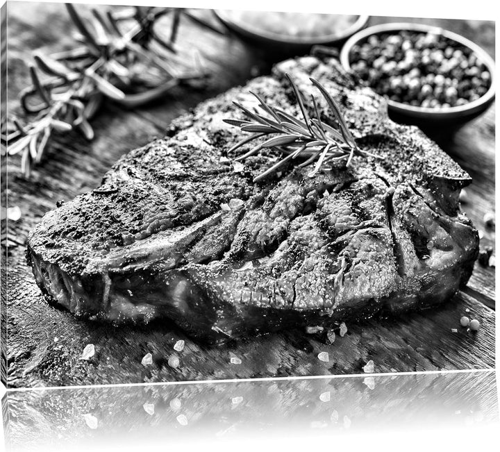 Pixxprint Leckeres Fleisch mit Rosmarin / 100x70cm Leinwandbild bespannt auf Holzrahmen/Wandbild Kun