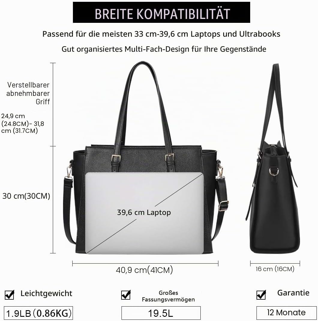 NEWHEY Handtasche Damen Shopper Damen Grosse Schwarz Gross Laptop Tasche 15.6 Zoll Elegant Leder Umh