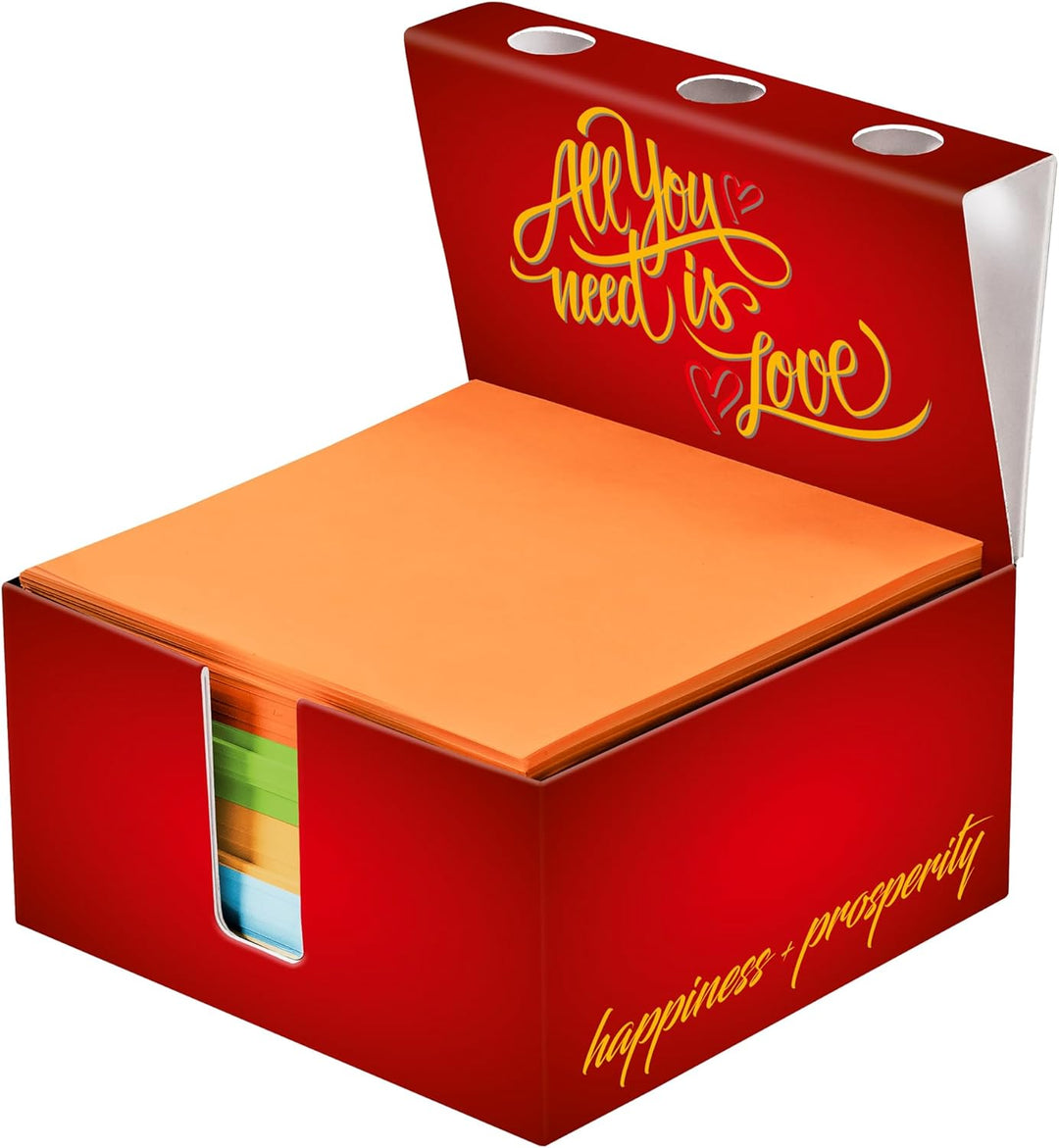 Zettelbox „Love“ mit Stiftehalter, stabil verarbeiteter 400g-Hartkarton, bunte Notizzettel kärtchenä