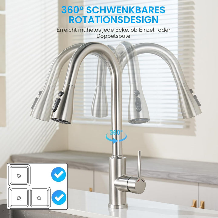 Wasserhahn Küche,Küchenarmatur Edelstahl,Ausziehbar Brause,4 Sprühfunktionen,Hoher Auslauf（187mm),36