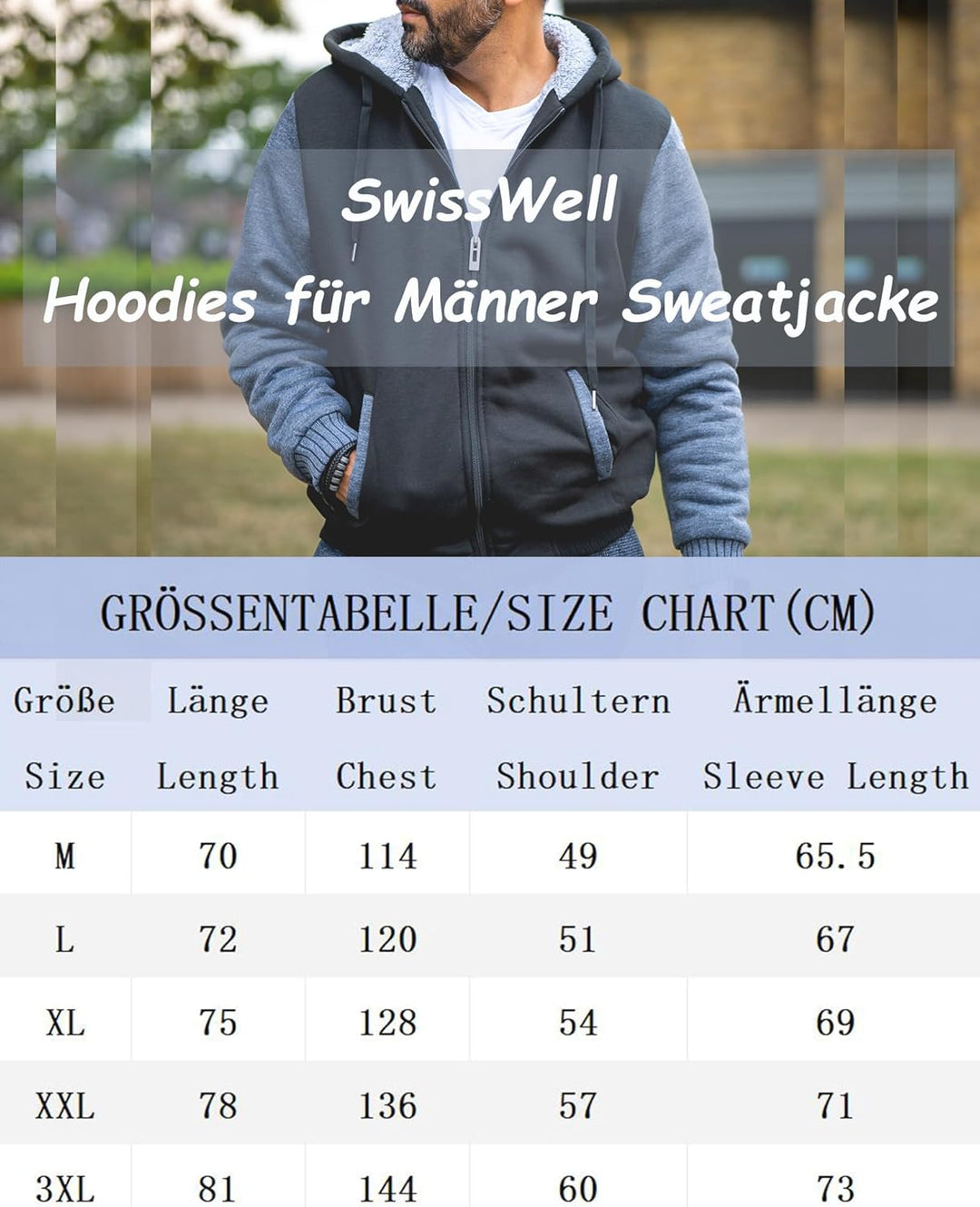 SwissWell Hoodie Herren Reissverschluss Sweatjacke Fleece Kapuzenjacke 3XL 0652-grau, 3XL 0652-grau