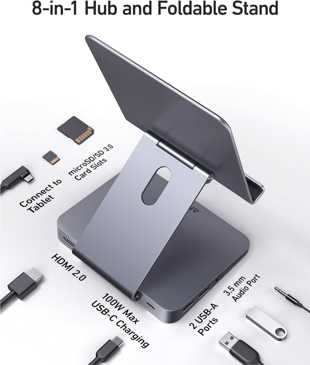 Anker 551 8-in-1 USB-C Hub, einklappbare Halterung, Power Delivery, 4K HDMI, 2 USB-A Datenports, 3.5