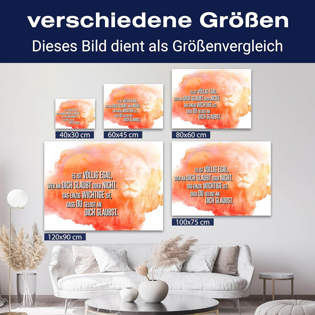 wandmotiv24 Motivations Motiv als Leinwandbild, 80x60cm, Querformat, Glaub an Dich selbst, Löwe, Son