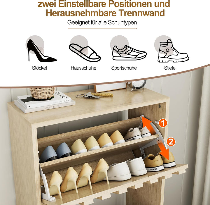 UEV Schuhschrank mit 2 Klappen Holz Schmal Schuhkipper Schuhkommode mit Kippschutz, Schuhaufbewahrun