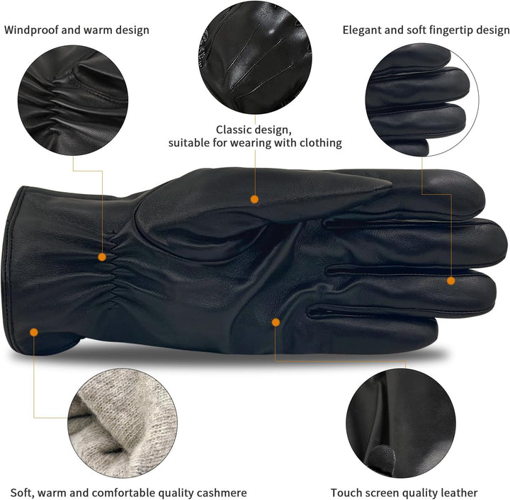 ZLUXURQ Herren Weiches Lammfell Leder Touchscreen Winter Fahrhandschuhe Kaschmir Gefüttert, bequem u