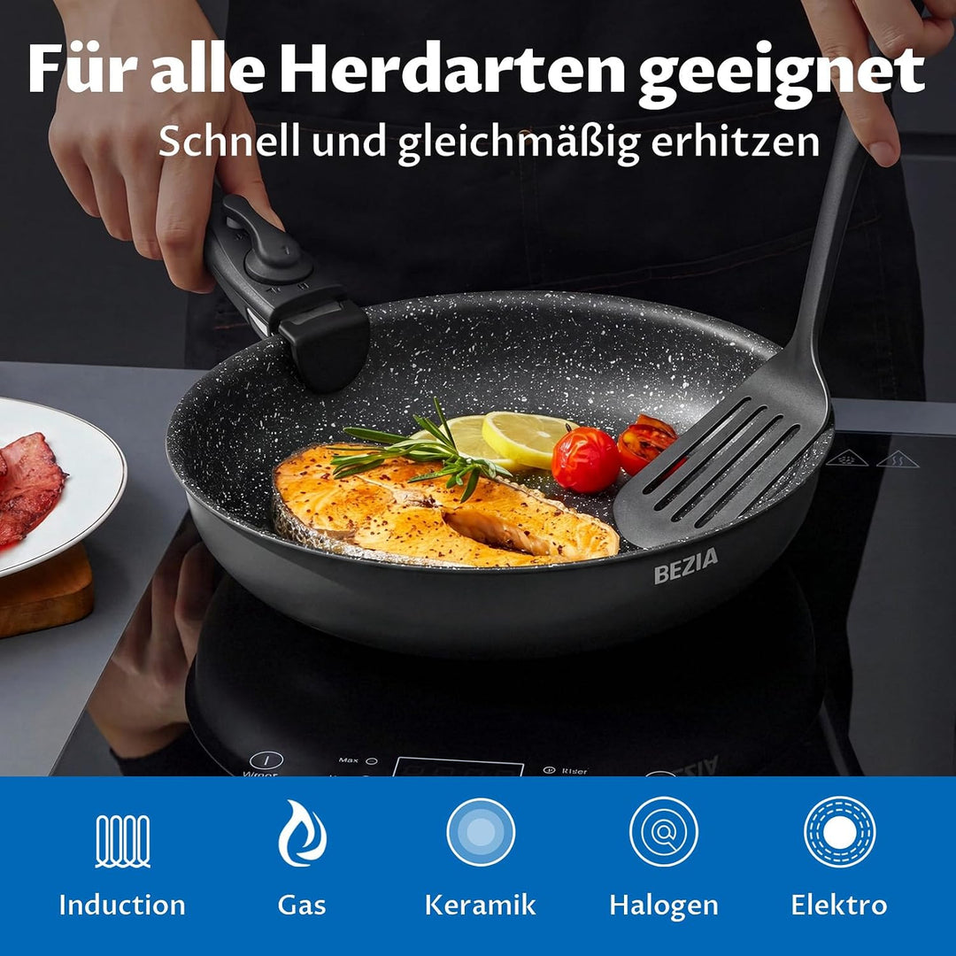 BEZIA Induktions Pfannen Set mit abnehmbaren Griffen, antihaftbeschichtetes Pfannenset, Für alle Her