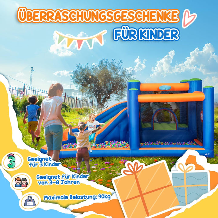 Outsunny Aufblasbare Hüpfburg Wasserpark mit Gebläse Hüpfburg mit Wasserrutsche Basketballkorb Aufbl