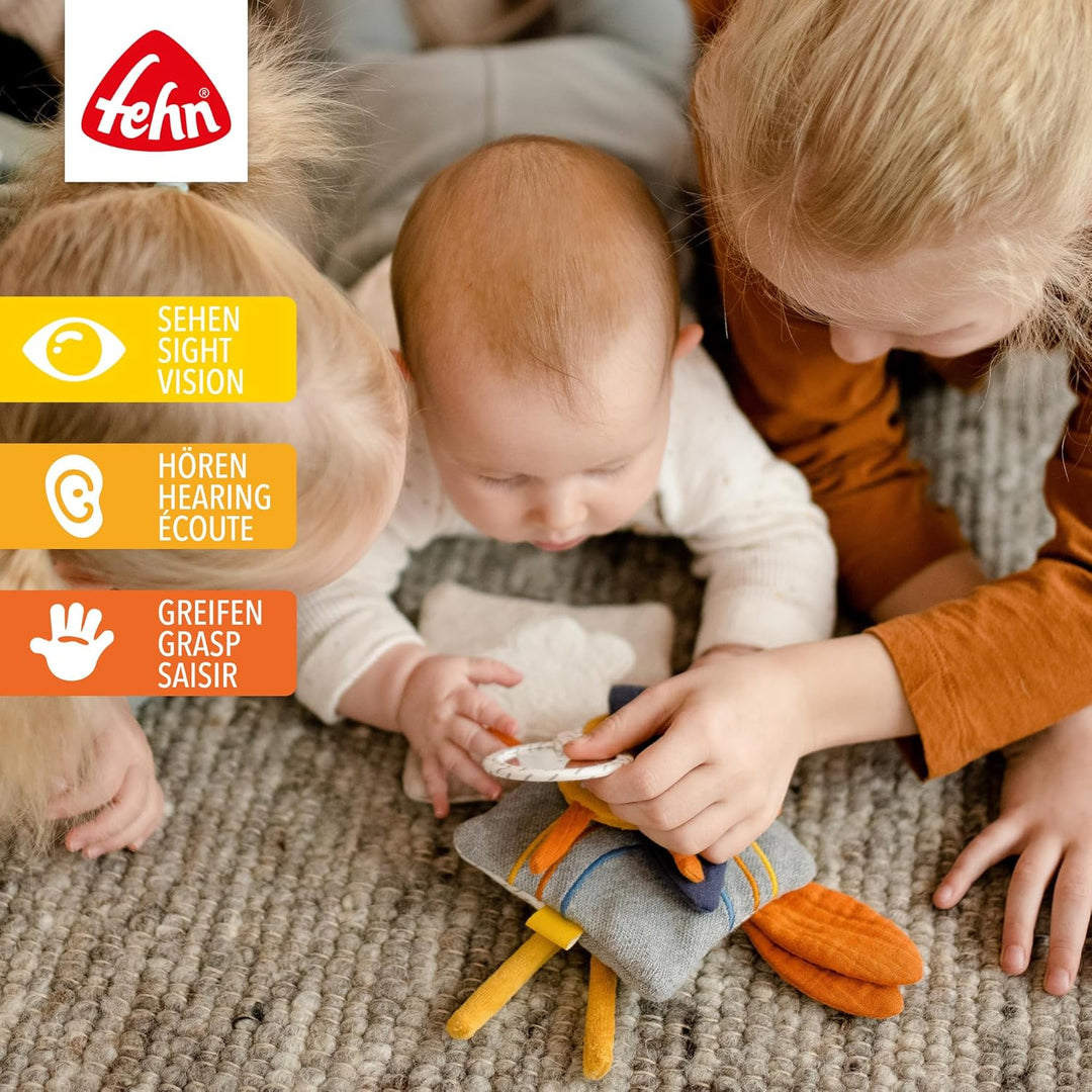 Fehn Fühlbuch Esel & Teddy - Buggybuch mit Bio Baumwolle - Babyspielzeug Buch mit Rassel, Raschelpap