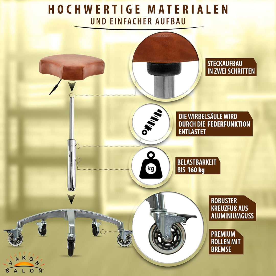 Ergonomischer Rollhocker in Hellbraun - Premium Rollen mit Bremse - Höhenverstellbarer von 55-75 cm