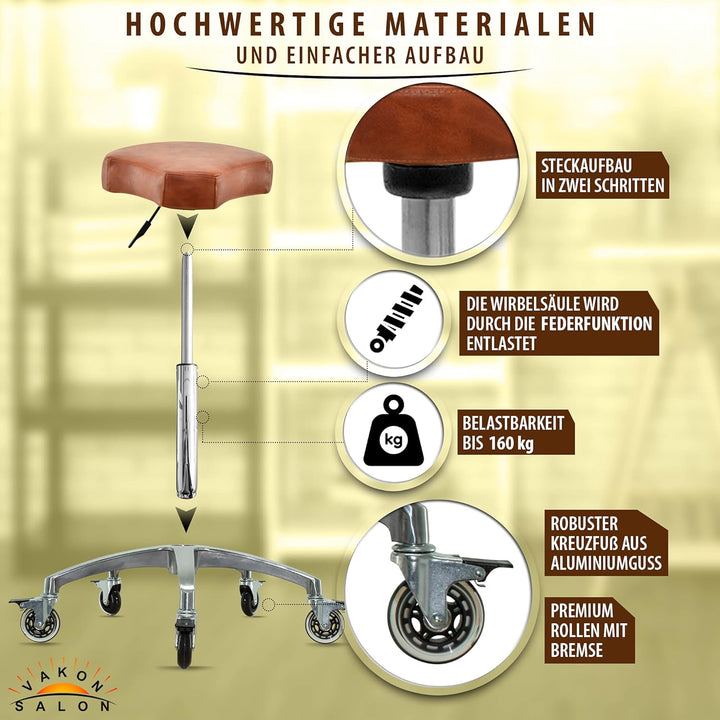 Ergonomischer Rollhocker in Hellbraun - Premium Rollen mit Bremse - Höhenverstellbarer von 55-75 cm