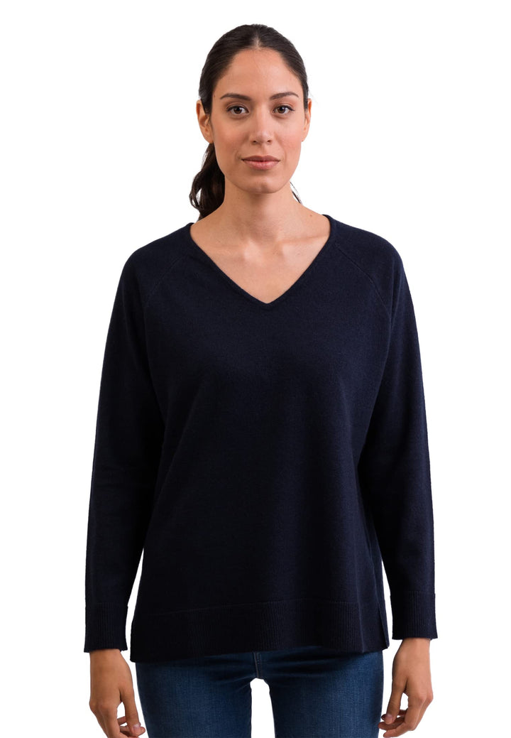 100% Kaschmir Damen Pullover mit geradem Schnitt und Seitenschlitz | Sweater V-Ausschnitt 2-fädig S