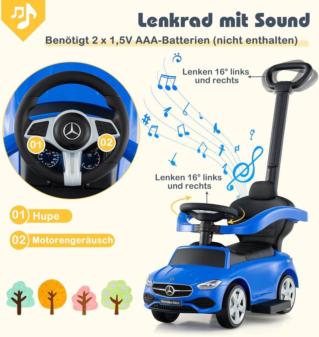 COSTWAY Mercedes-Benz Rutschauto, 3-in-1 Rutschfahrzeug mit Schiebegriff, Stauraum & Lenkschieber, S