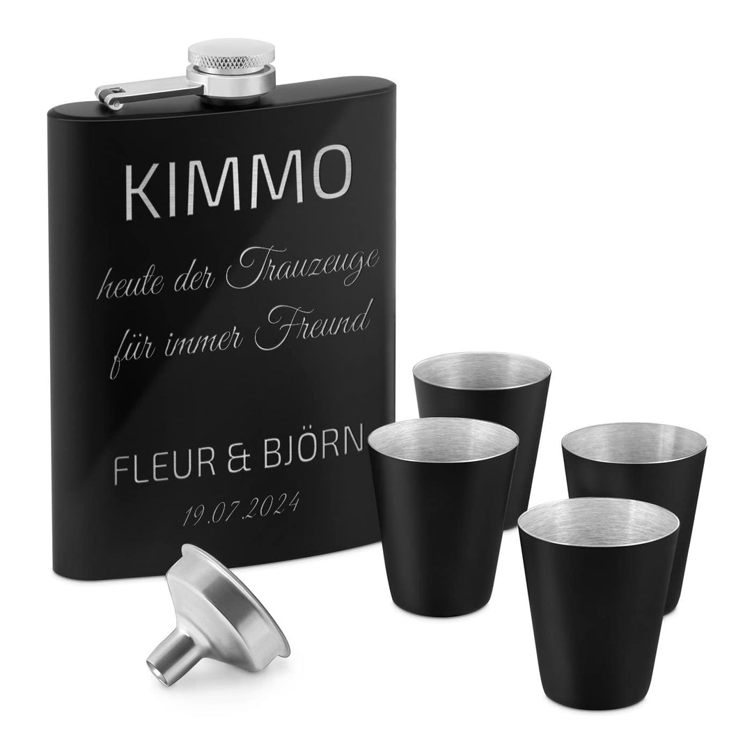 Maverton Flachmann Set 200 ml mit Gravur - Taschenflasche + 4 Schnapsgläsern 20 ml mit Trichter - Br