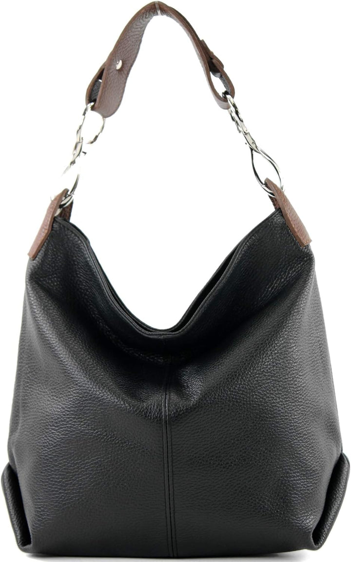 modamoda de - T168 - ital Schultertasche Umhängetasche aus Leder Schwarz/Braun, Schwarz/Braun